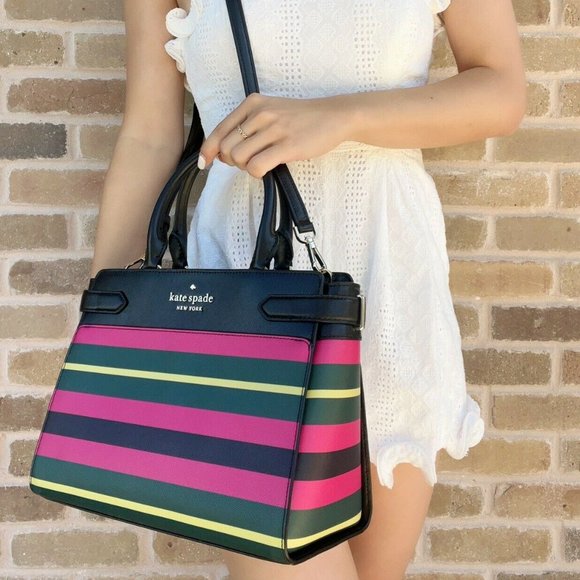 Kate Spade Cameron Staci Satchel Crossbody Wrapping Paper Pink Stripe - Picture 4 of 5
